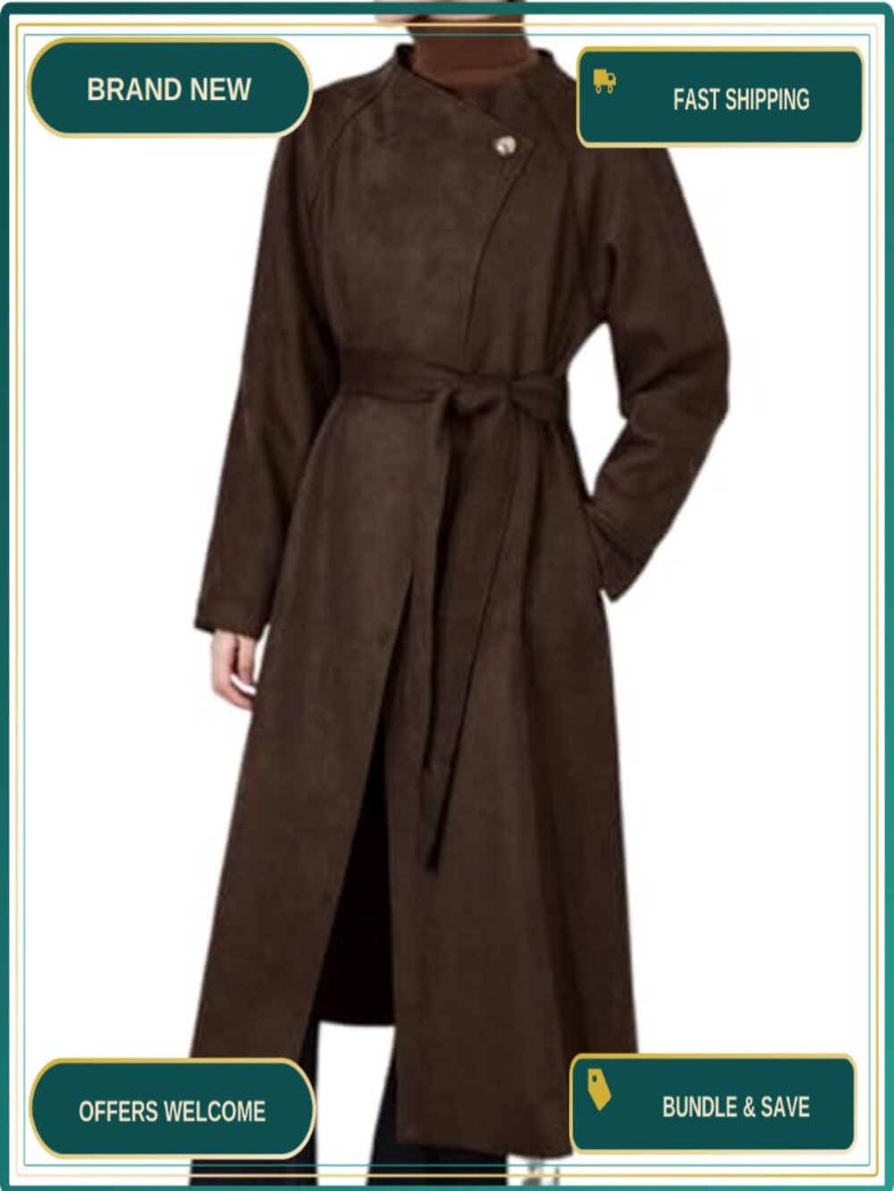 Faux Suede Long Trench Coat Open Front Belted Overcoat